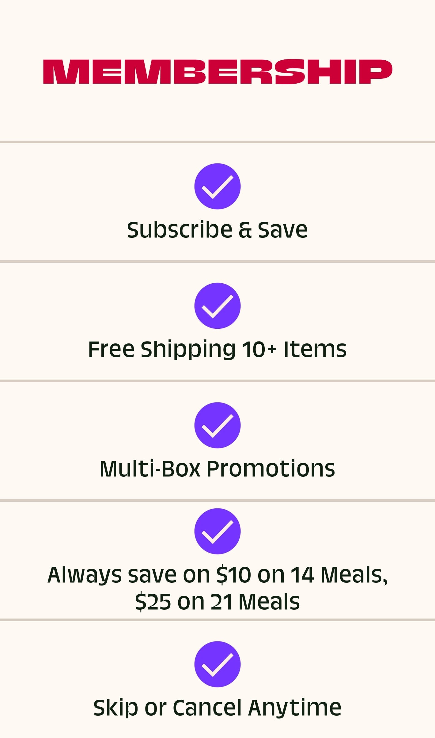 Membership benefits: Subscribe & Save, Free Shipping on 10+ Items, Multi-box promotions, always save $10 on 14 Meals, $25 on 21 Meals, Skip and Cancel any time.